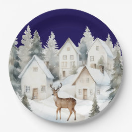 Winter Deer in Village Watercolor Baby Shower ペーパープレート