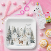 Winter Deer in Village Watercolor Baby Shower ペーパープレート (パーティー)