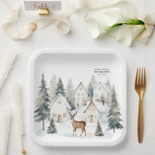 Winter Deer in Village Watercolor Baby Shower ペーパープレート (ウェディング)