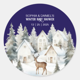 Winter Deer in Village Watercolor Baby Shower ラウンドシール