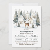 Winter Deer in Village Watercolor Baby Shower 招待状 (正面)