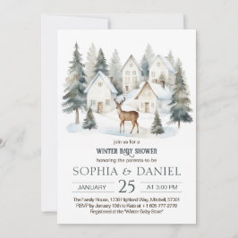 Winter Deer in Village Watercolor Baby Shower 招待状