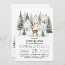 Winter Deer in Village Watercolor Baby Shower