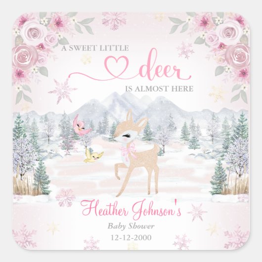 Winter Deer Pink Snowflake Baby Shower  スクエアシール (正面)