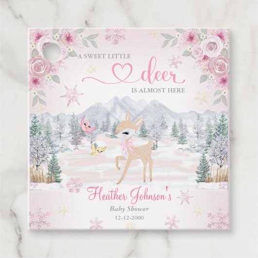Winter Deer Pink Snowflake Baby Shower  フェイバータグ (正面)