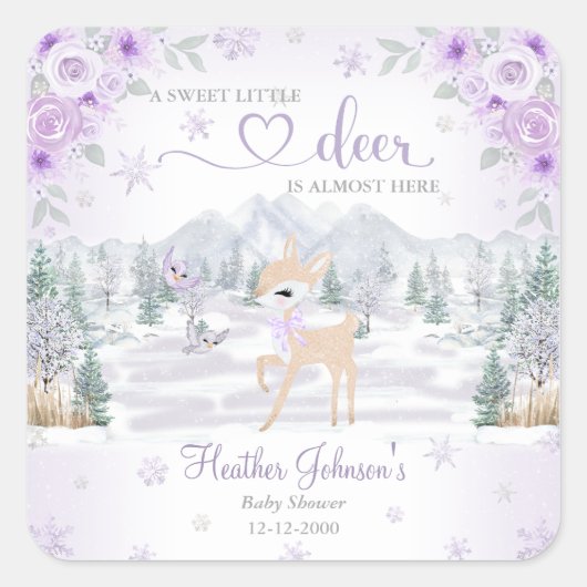 Winter Deer Purple Snowflake Baby Shower スクエアシール (正面)