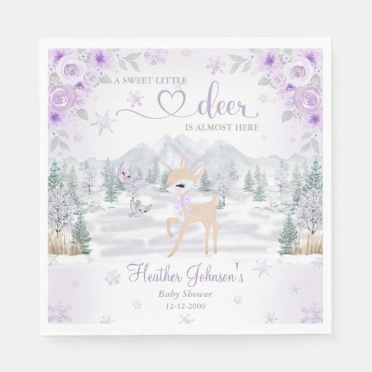 Winter Deer Purple Snowflake Baby Shower スタンダードランチョンナプキン (正面)