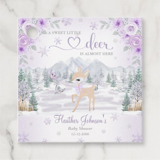 Winter Deer Purple Snowflake Baby Shower フェイバータグ (正面)