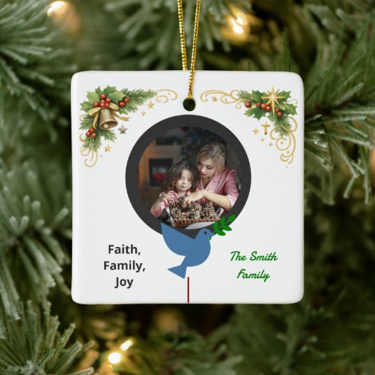 Winter Dove and Olive Branch Two Photo Christmas セラミックオーナメント (ツリー)