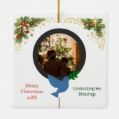 Winter Dove and Olive Branch Two Photo Christmas セラミックオーナメント (裏面)
