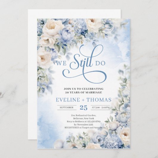 Winter Dusty Blueとアイボリーの花 招待状 (正面/裏面)