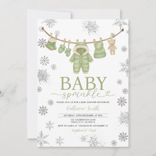 Winter Dusty Green Sprinkle Snowflakes Baby Shower 招待状 (正面)