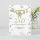 Winter Dusty Green Sprinkle Snowflakes Baby Shower 招待状 (スタンド正面)