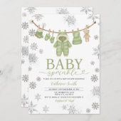 Winter Dusty Green Sprinkle Snowflakes Baby Shower 招待状 (正面/裏面)