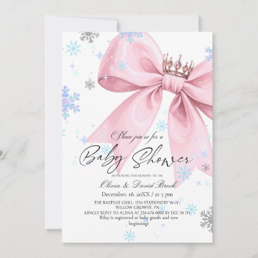 Winter Elegant Pink Bow Baby Shower 招待状 (正面)