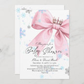 Winter Elegant Pink Bow Baby Shower 招待状 (正面/裏面)