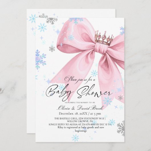 Winter Elegant Pink Bow Baby Shower 招待状 (正面/裏面)