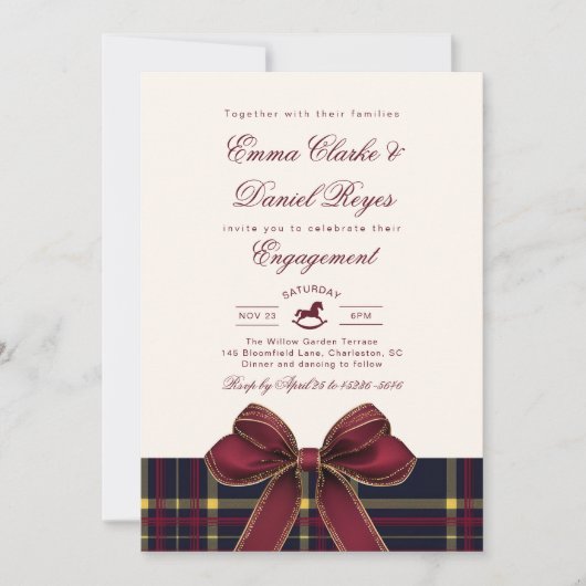 Winter Engagement party Christmas Plaid Red Bow 招待状 (正面)