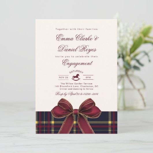Winter Engagement party Christmas Plaid Red Bow 招待状 (スタンド正面)