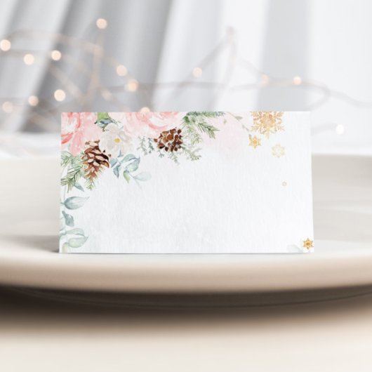 Winter evergreen blush pink food place cards