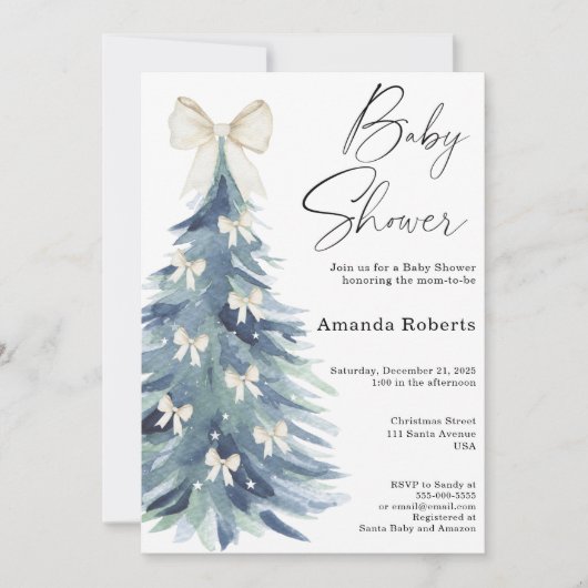 Winter evergreen tree with bows baby shower 招待状 (正面)