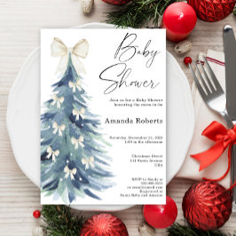 Winter evergreen tree with bows baby shower 招待状
