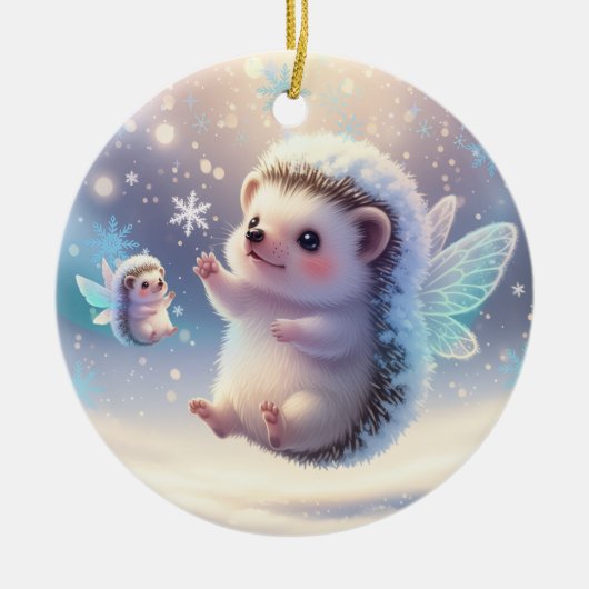 Winter Fairy Hedgehogs  – Cute Snowflake  セラミックオーナメント (正面)