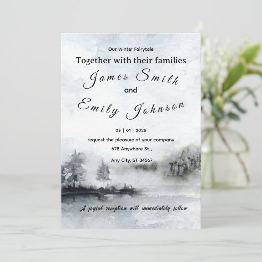 Winter Fairytale Watercolor Landscape Wedding 招待状 (スタンド正面)