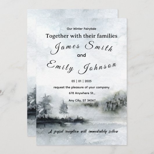 Winter Fairytale Watercolor Landscape Wedding 招待状 (正面/裏面)