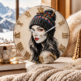 Winter Fashion Girl Cozy Beanie Portrait ラージ壁時計
