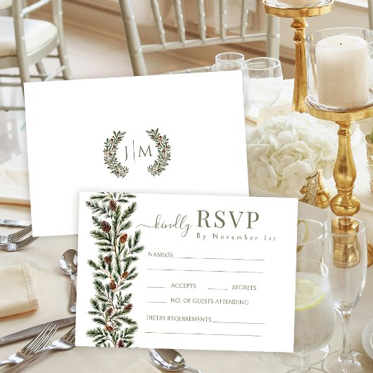Winter Fir Branchesピネコ結婚ンの応答カード 出欠カード