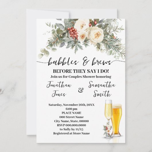 Winter Floral Bubbles & Brews Shower 招待状 (正面)