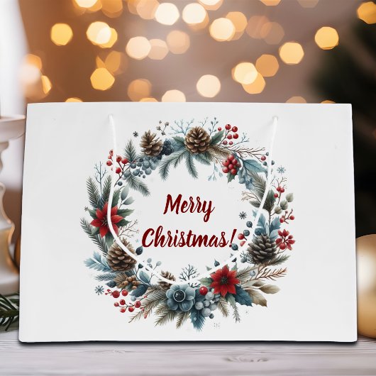Winter Floral Pine Cones Wreath ラージペーパーバッグ