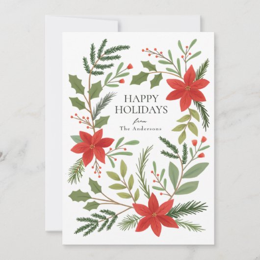 Winter Floral Pointsettia Greenery Holiday Card シーズンカード (正面)