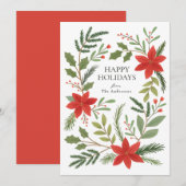 Winter Floral Pointsettia Greenery Holiday Card シーズンカード (正面/裏面)