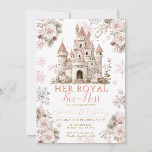 Winter Floral Snowflake royal fiveness Birthday 招待状 (正面)