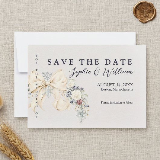 Winter Floral Wedding Flat Save The Date Card セーブザデート