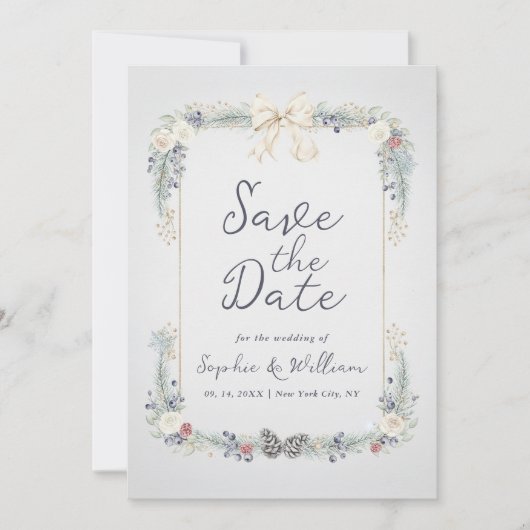 Winter Floral Wedding Flat Save The Date Card 招待状 (正面)