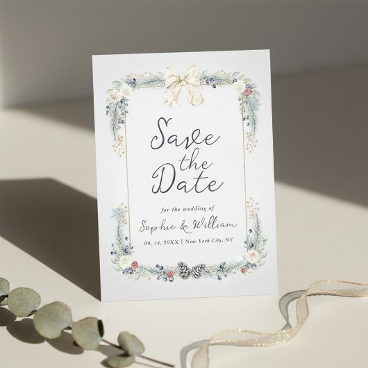 Winter Floral Wedding Flat Save The Date Card 招待状
