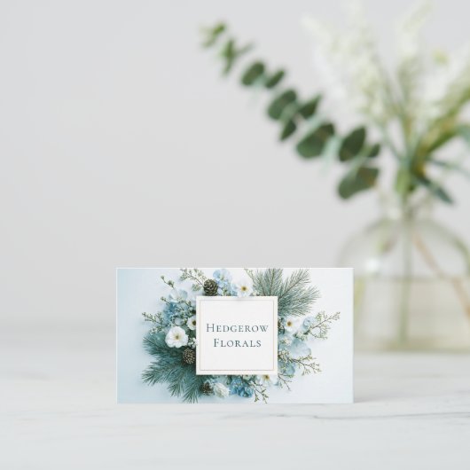 Winter Floral White and Blue Pine Cone Gold Frame 名刺 (スタンド正面)