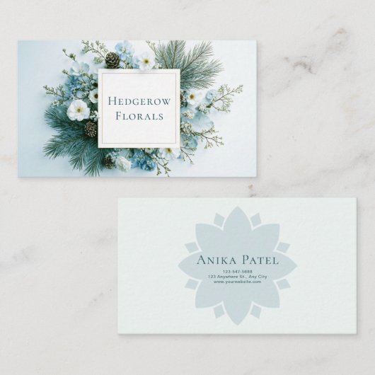 Winter Floral White and Blue Pine Cone Gold Frame 名刺 (正面/裏面)
