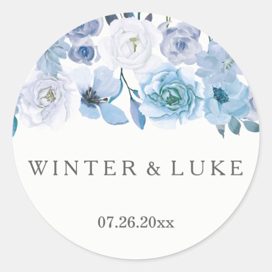 Winter Florals: Blue White Wedding Favors ラウンドシール (正面)