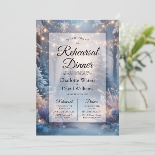 Winter Florals in Frosted Pines Rehearsal Dinner 招待状 (スタンド正面)