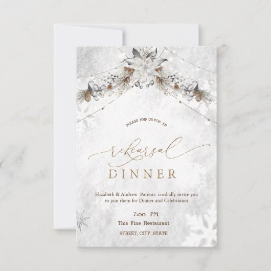 Winter Flower Pinecones Rehearsal Dinner 招待状 (正面)