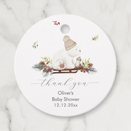 Winter Flower Sleigh Polar Bear Baby Shower  フェイバータグ (正面)