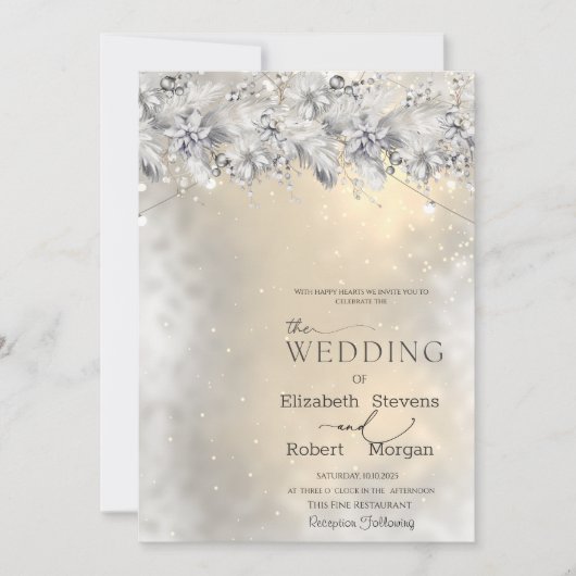 Winter Flowers String Lights Wedding  Invitation 招待状 (正面)