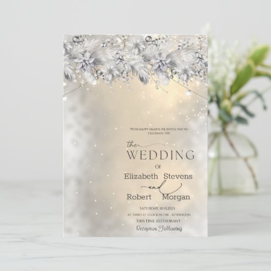 Winter Flowers String Lights Wedding Invitation 招待状 (スタンド正面)
