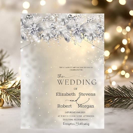 Winter Flowers String Lights Wedding  Invitation 招待状