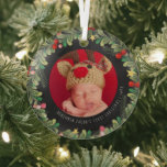 Winter Foliage | Baby's First Christmas Ornament ガラスオーナメント<br><div class="desc">Whether it's your first baby or a new addition to your existing family, a baby's first Christmas is a very special time for all new parents. This ornament makes the perfect gift. Personalized with name, year and a photo framed by lush winter foliage. Add your custom wording to this design...</div>