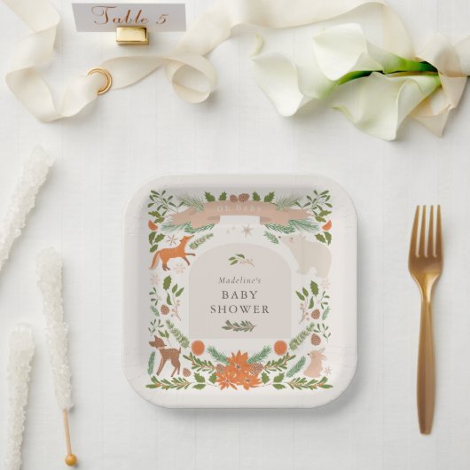 Winter Foliage Woodland Animals Baby Shower ペーパープレート (ウェディング)